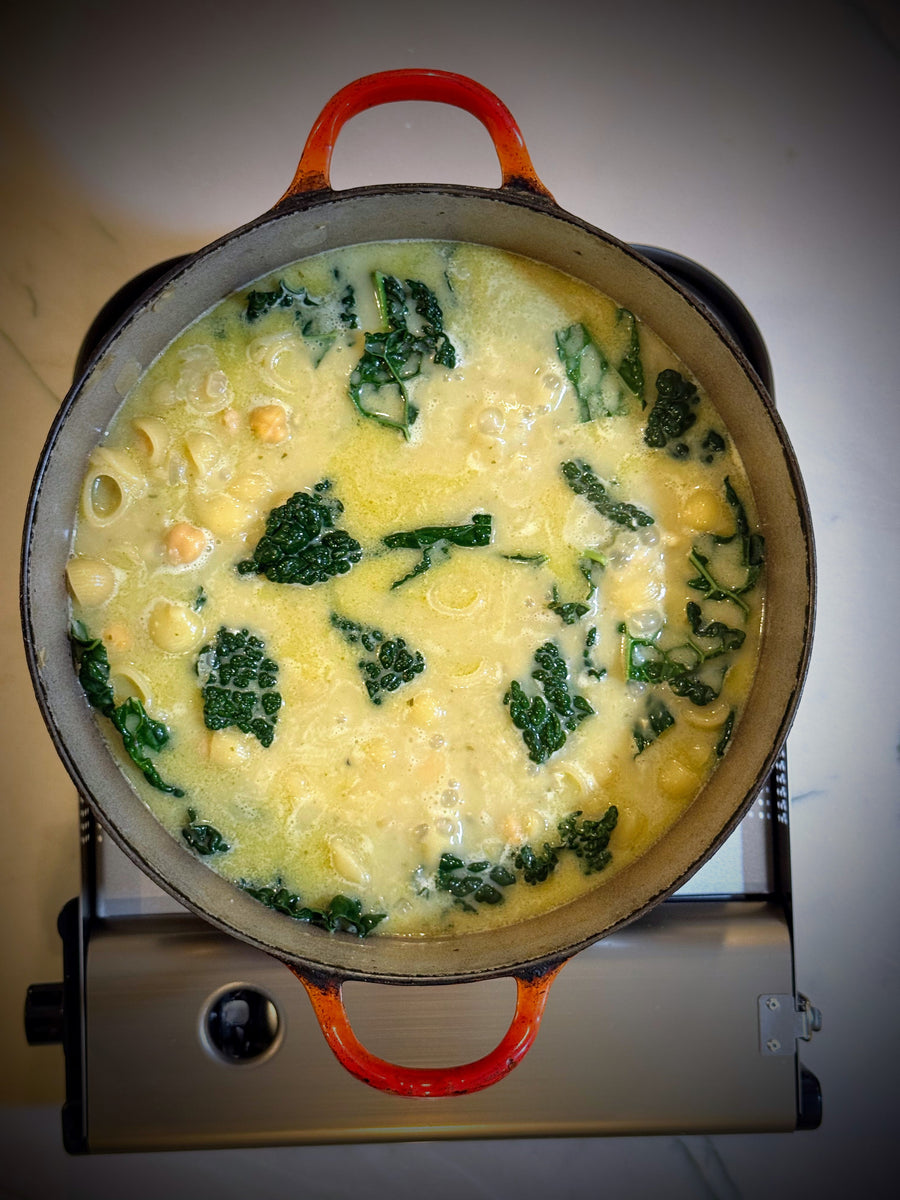 Pesto and Garbanzo Noodle Soup