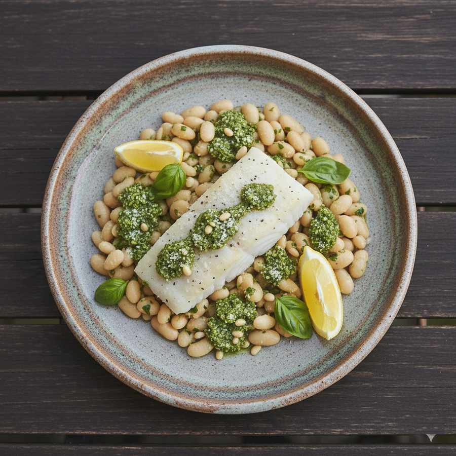 Pesto Fish and Beans
